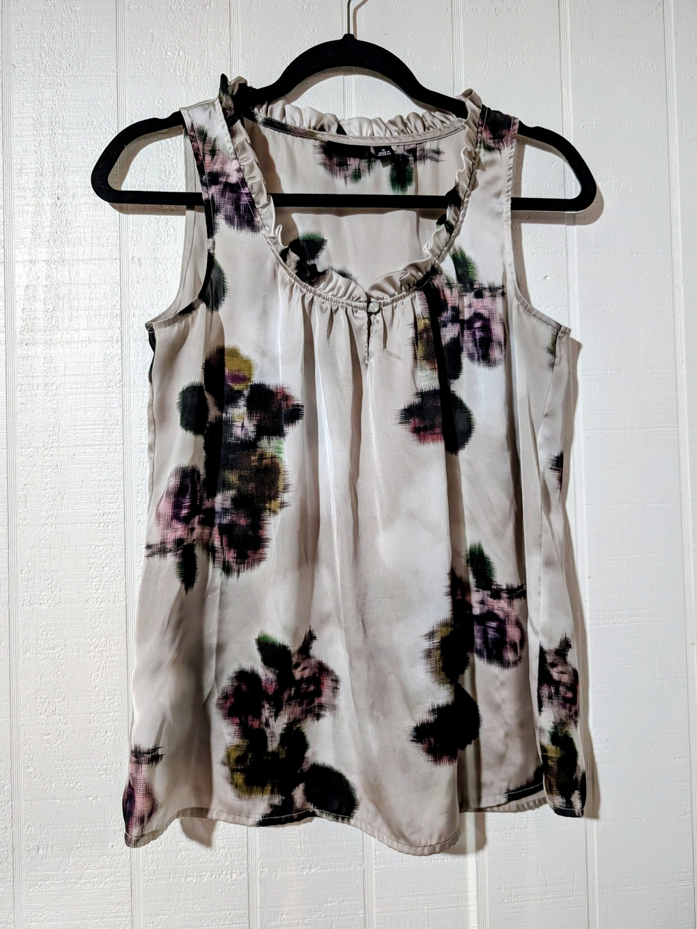 a.n.a Cream Floral Ruffled-Neck Silky Sleeveless Top